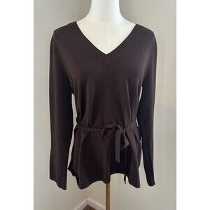 NWT Cable & Gauge Women L Silk Blend V Neck Sweater Brown Tie Waist Knit Top